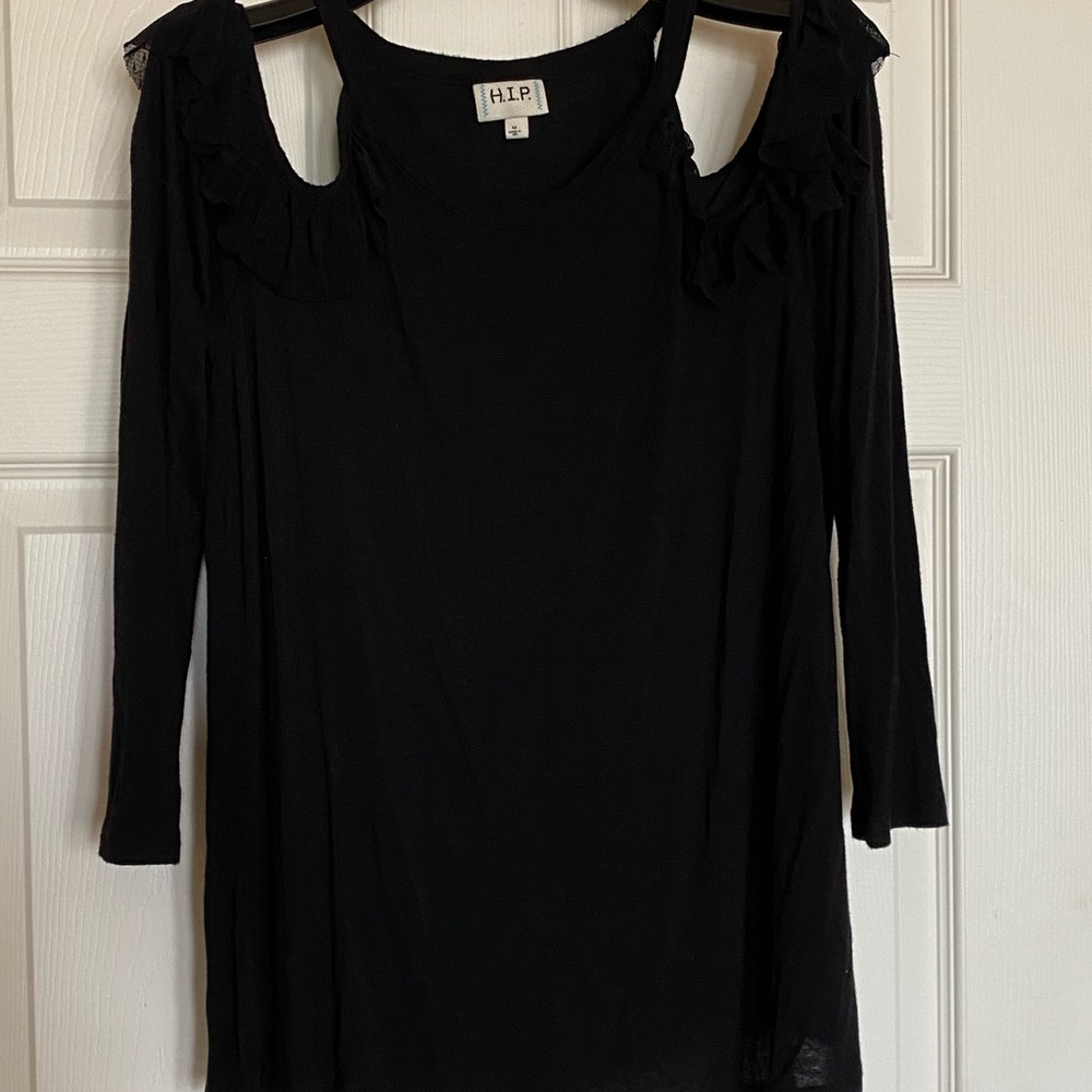 Black Carden Ruffle Cold Shoulder Knit Top